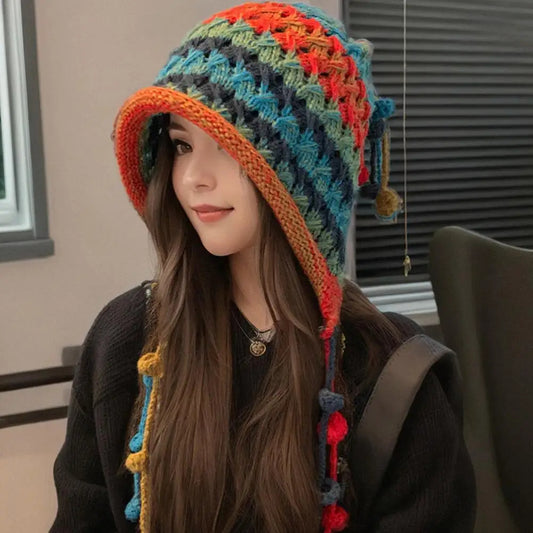 Women’s Colorful Knit Beanie – Winter Warm Wool Hat with Ear Protection