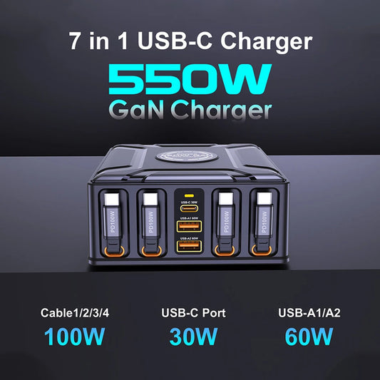 550W GaN 7-in-1 Charging Station 100W Retractable USB-C Fast Charger