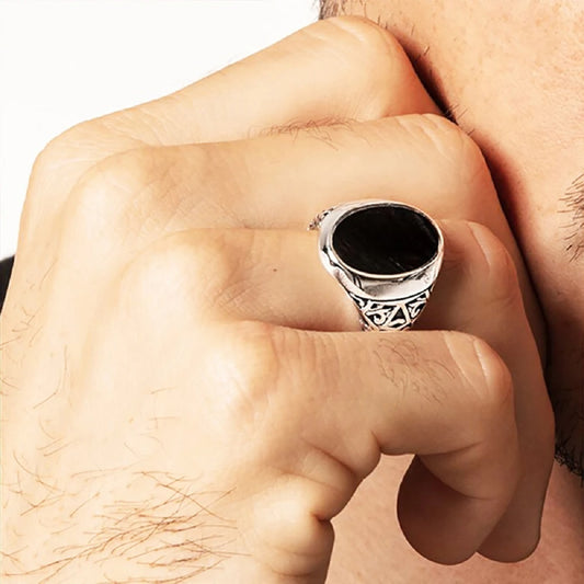 Vintage Style 925 Sterling Silver Black Oval Signet Ring