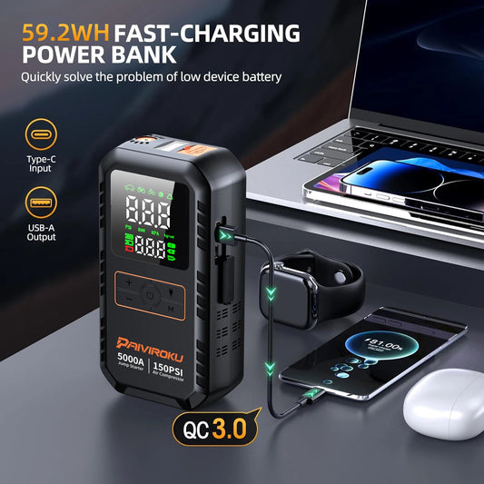 4-in-1 Car Jump Starter 5000A – Battery Booster with Air Compressor