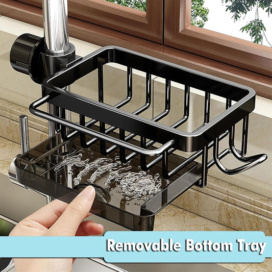 Aluminum Sink Faucet Organizer – Adjustable Sponge Holder with Drain Tray