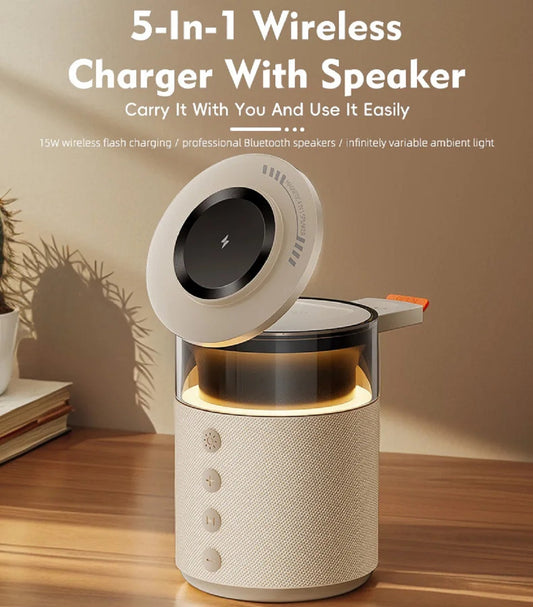 5-in-1 Magnetic Wireless Charging Station with Speaker & Night Light