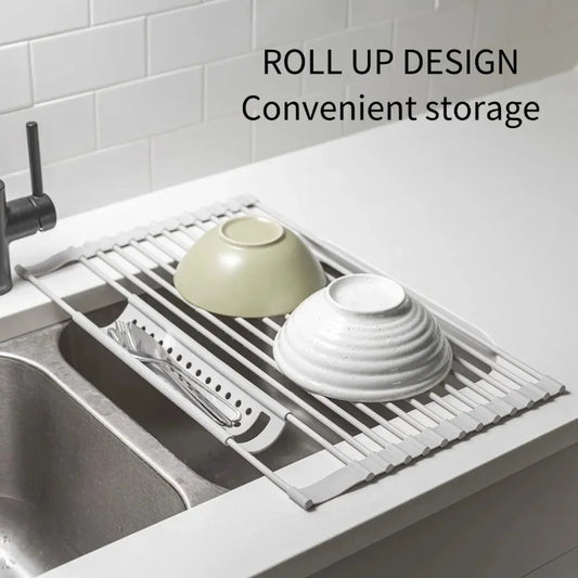 Stainless Steel Foldable Sink Dish Drying Rack Kitchen Plate & Bowl Holder
