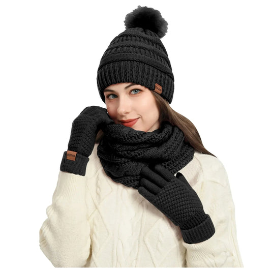 Women’s Winter Hat Scarf Set – Knit Beanie with Gloves and Neck Warmer