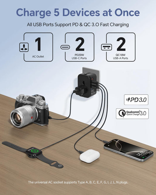 5-in-1 Universal Travel Adapter World Charger with PD20W & QC3.0 Fast Charging