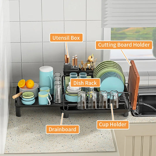 2-Tier Dish Drying Rack Kitchen Sink Organizer with Cutlery Holder & Drip Tray