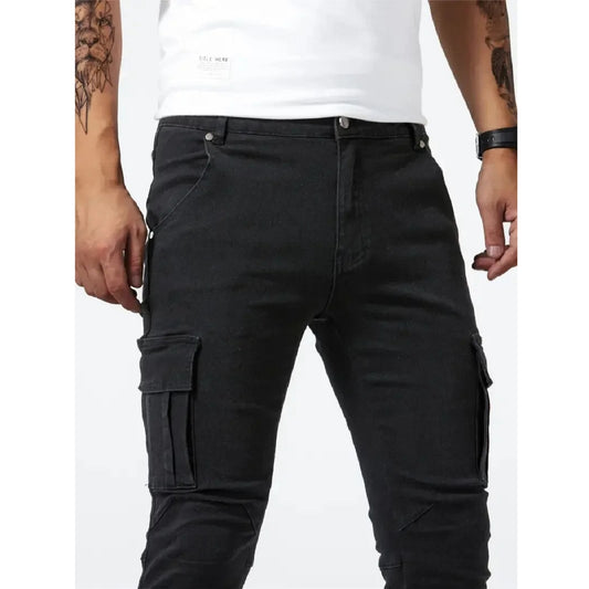 Men's Slim Fit Denim Cargo Joggers – Stylish Multi-Pocket Elastic Jeans
