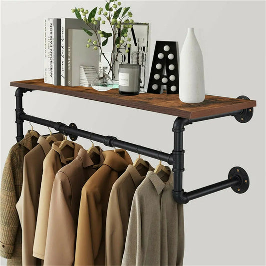 Industrial Pipe Clothing Rack – Wall-Mounted Wood Shelf And Floating Display