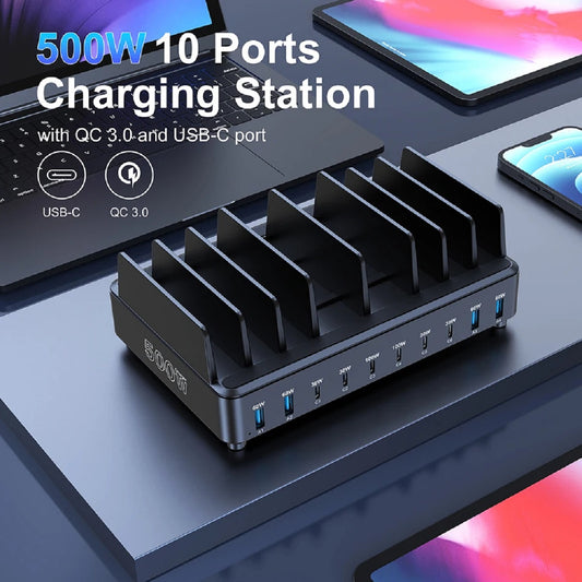 500W GaN USB-C Charging Station 10-Port PD 100W Fast Charger Stand