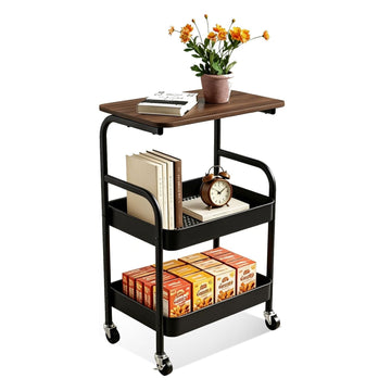 2-Tier Rolling Storage Cart Metal Serving Trolley with Wheels for Kitchen & Living Room