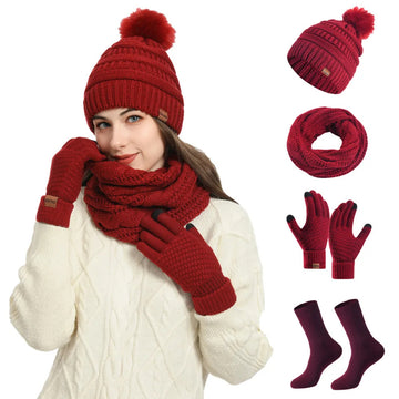 Women’s Winter Hat Scarf Set – Knit Beanie with Gloves and Neck Warmer