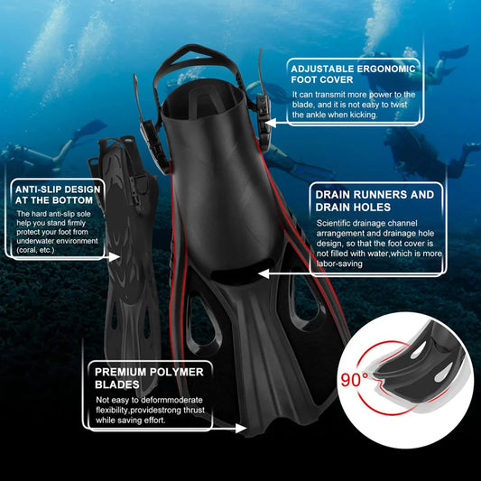 Short-Blade Snorkeling Fins Adjustable Open-Heel Swim Flippers for Adults & Kids