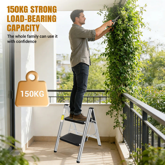 2-Step Folding Step Stool Stainless Steel Anti-Slip Ladder with 150kg Capacity