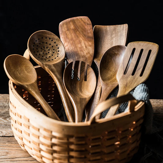 9PCS Teak Wooden Cooking Utensils Set with Holder Kitchen Spoon Set