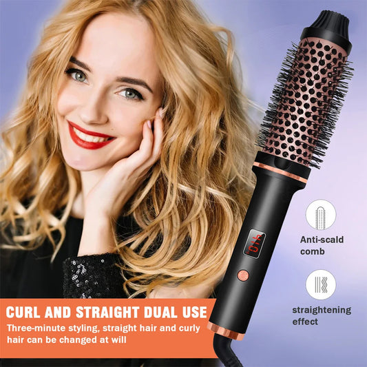 3-in-1 Hair Curler Straightener & Brush with Negative Ions and LCD Display