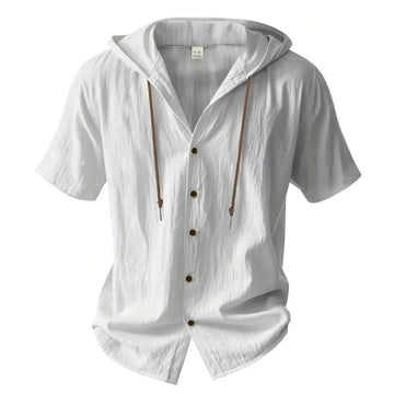 Men’s Cotton Linen Hooded Shirt Breathable Lightweight Short Sleeve Casual Top