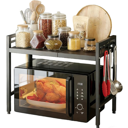 2-Tier Expandable Microwave Rack with 6 Hooks Kitchen Counter Organizer