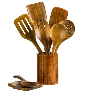 9PCS Teak Wooden Cooking Utensils Set with Holder Kitchen Spoon Set