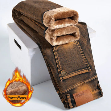 Men’s Brown Vintage Winter Jeans – Thick Velvet Warm Elastic Straight Denim