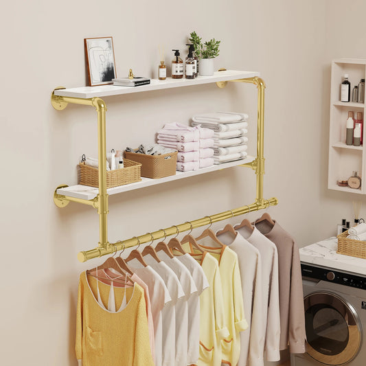 Industrial Wall Clothing Rack – Pipe Frame with Wood Shelf