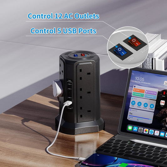 Tower Extension Lead – 1.8 m Cable 12-Way with USB and 18 W USB-C Fast Charger