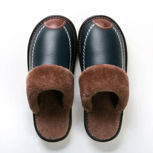 Men's Winter Warm Thick Plus Velvet Leather Slippers