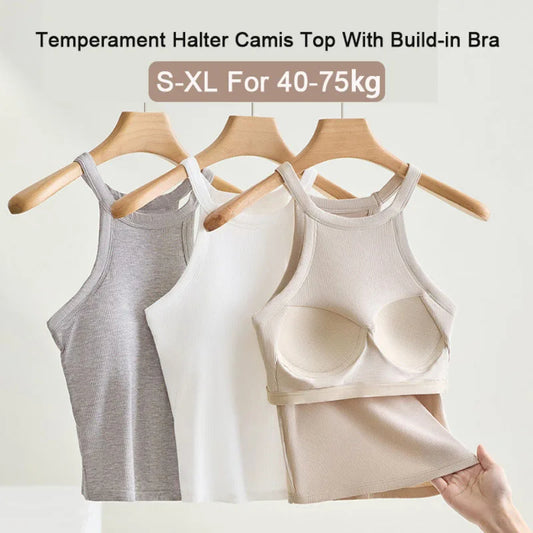 Women’s Halter Neck Camisole with Built-In Bra Stretch Slim-Fit Breathable Top