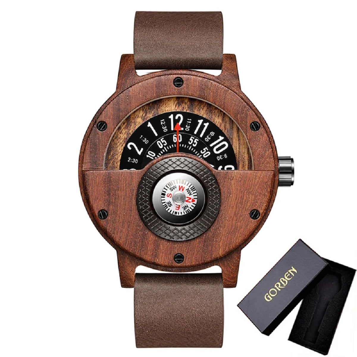 Turntable Compass Wooden Watch – Real Walnut & Ebony Timepiece for Men