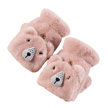 Women's cute bear fur mittens winter gloves