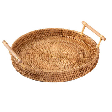 Rattan round serving trays with wooden handles blxck norway™