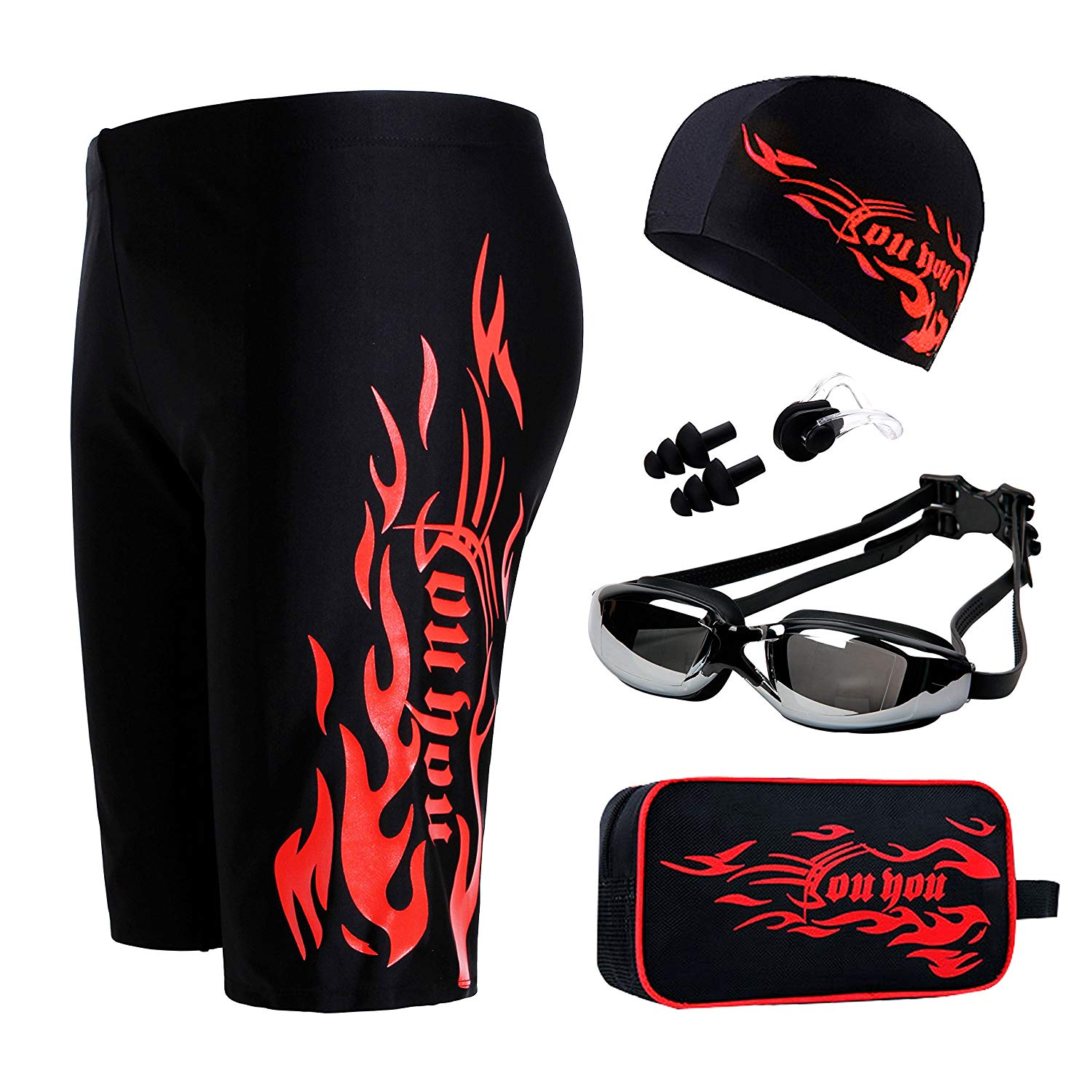 Men's swimsuit with swimming goggles cap ear plugs nose clip kit blxck norway™