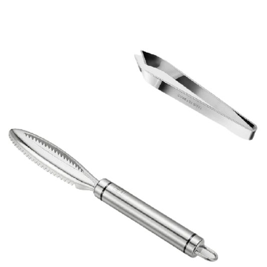 2 Pcs Stainless Steel Fish Bone Tweezers & Fish Scaler Brush Set