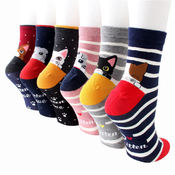 5 Pairs women's cartoon socks colorful cat striped cotton sock blacknorway™