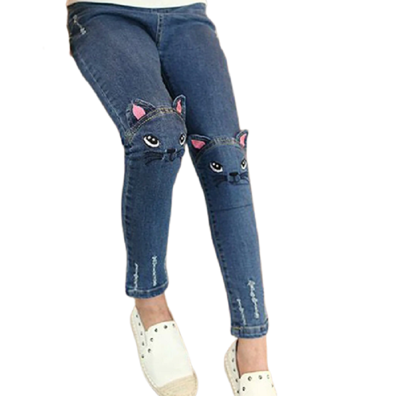 Casual kids cute cat design jeans trousers for girls blacknorway™